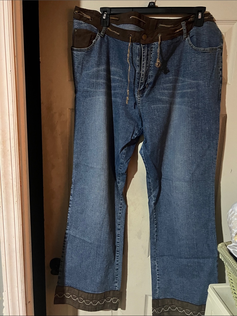 Baccini Blue Straight Leg Jeans with Brown Trim